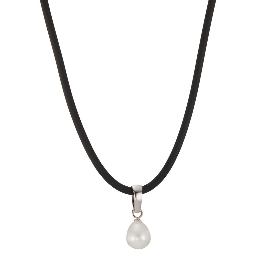 Necklace Silver, Rubber, Stainless steel Rhodium plated Freshwater pearl 42 cm