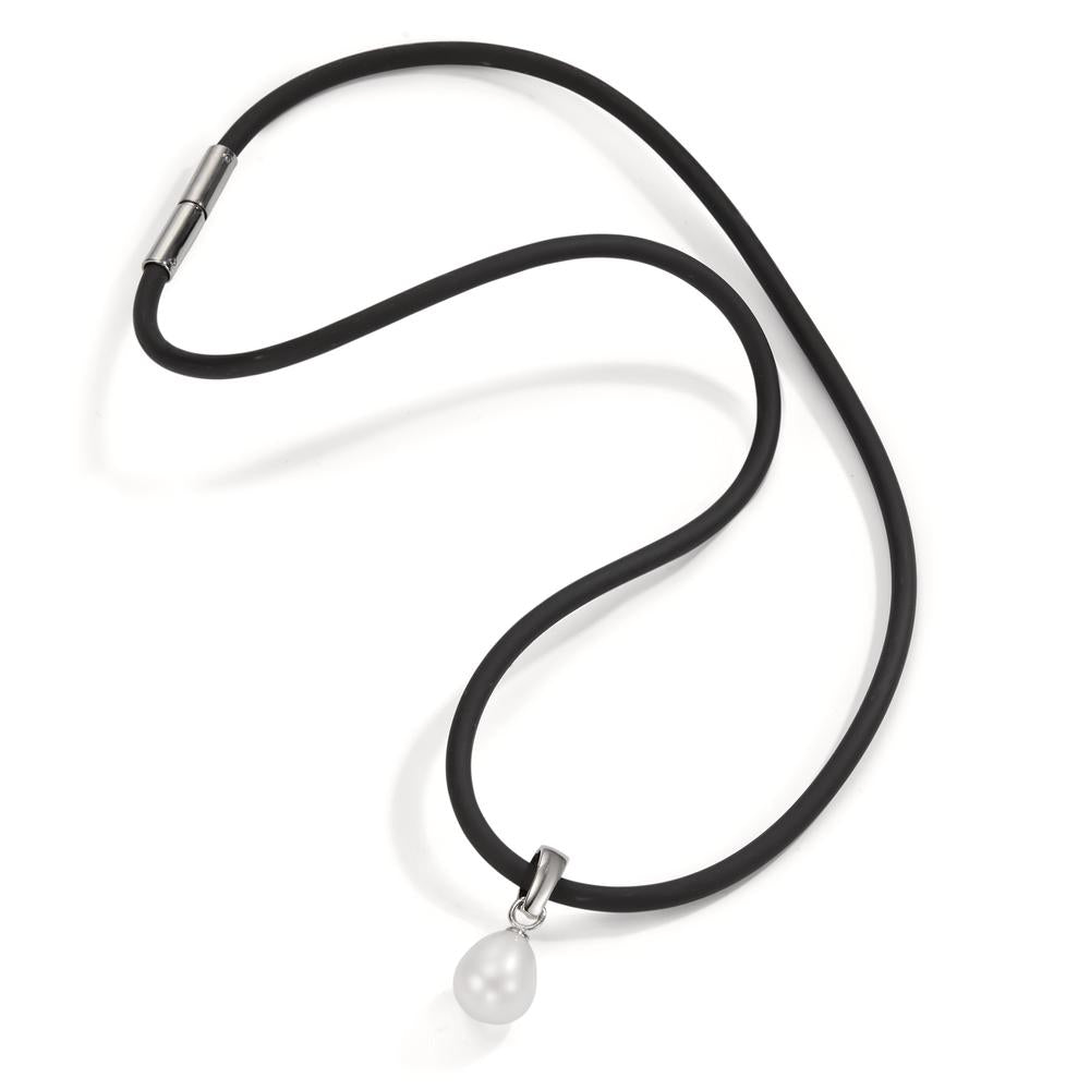 Necklace Silver, Rubber, Stainless steel Rhodium plated Freshwater pearl 42 cm