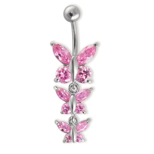 Navel piercing Stainless steel Zirconia Rose, 12 Stones Butterfly