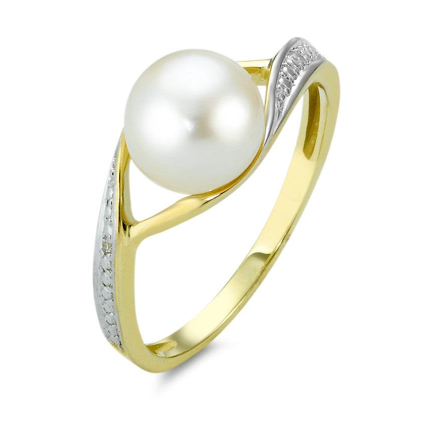 Ring 9k Yellow Gold Diamond 0.01 ct, 2 Stones, w-si Freshwater pearl