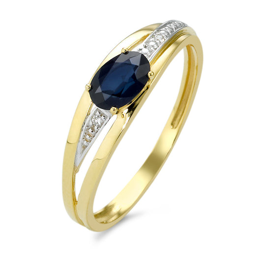 Ring 18k Yellow Gold Sapphire Blue, oval, Diamond White, 0.01 ct