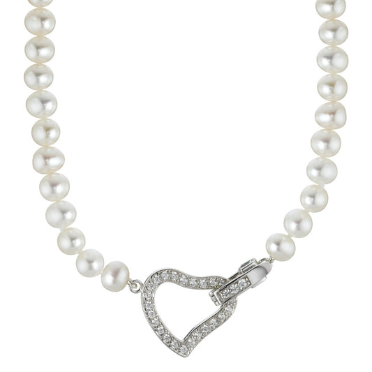 Necklace Silver Zirconia Freshwater pearl Heart 45 cm