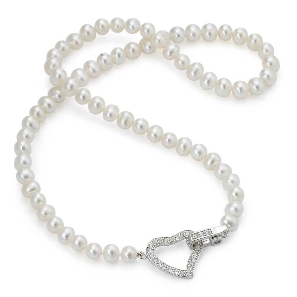 Necklace Silver Zirconia Freshwater pearl Heart 45 cm