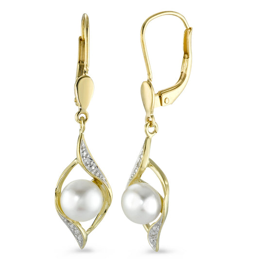 Drop Earrings 9k Yellow Gold Diamond 0.016 ct, 4 Stones, w-si Freshwater pearl