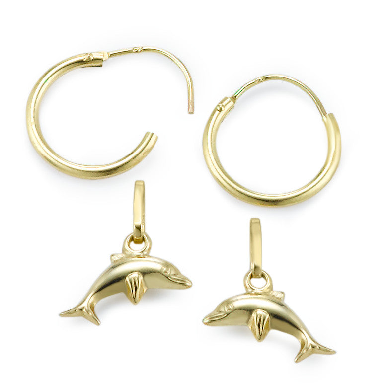 Hoop with pendant 9k Yellow Gold Dolphin