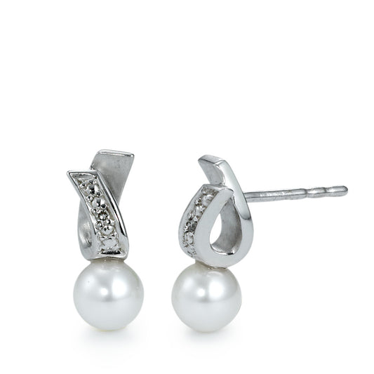 Stud earrings 18k White Gold Diamond 0.01 ct, 2 Stones, w-si Freshwater pearl