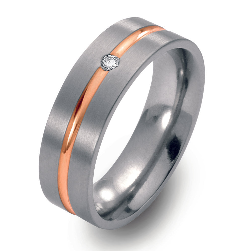 Wedding Ring Titanium, 18k Red Gold Diamond 0.03 ct, w-si