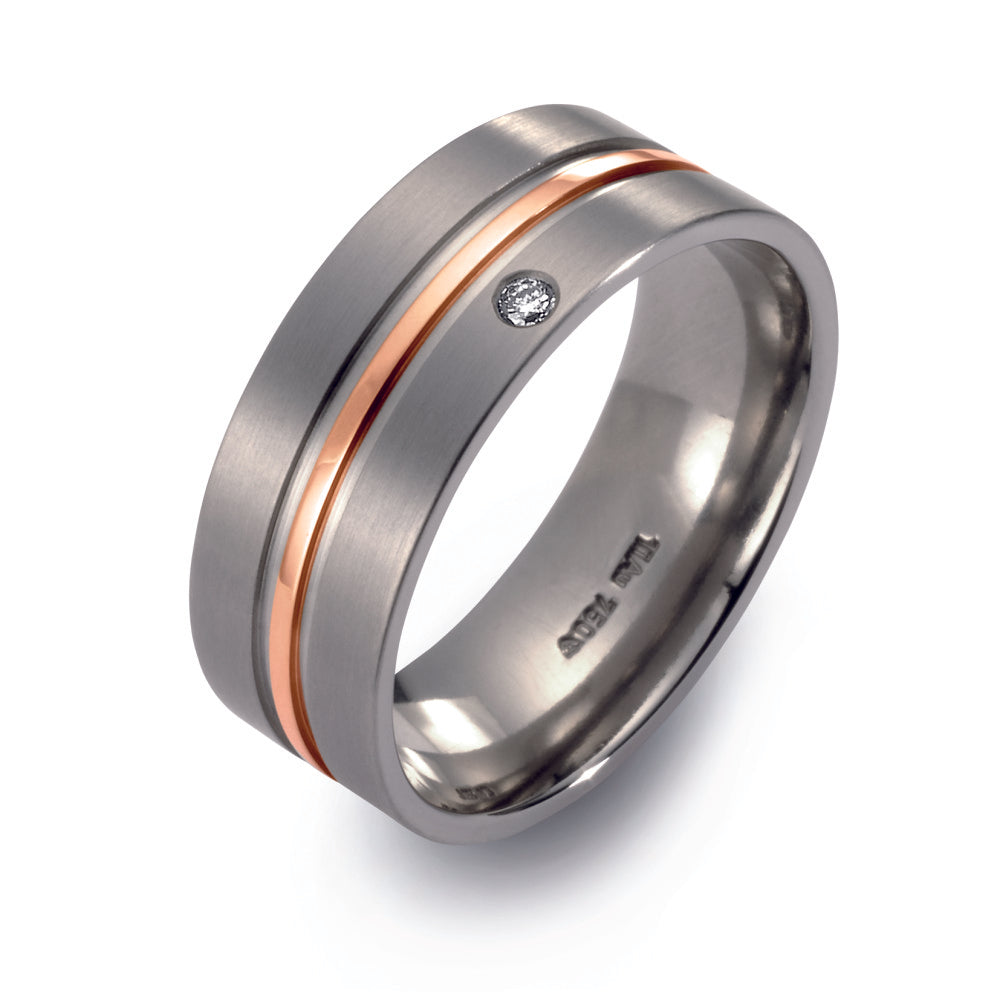 Wedding Ring Titanium, 18k Red Gold Diamond 0.02 ct, w-si