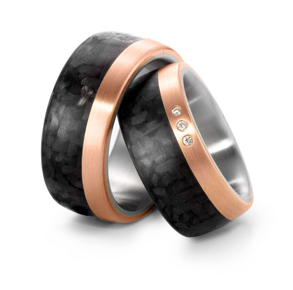 Wedding Ring Stainless steel, 18k Rose Gold, Carbon Diamond 0.03 ct, 3 Stones, w-si