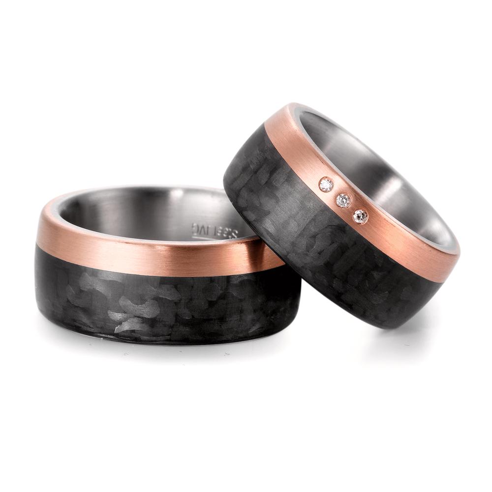 Wedding Ring Stainless steel, 18k Rose Gold, Carbon Diamond 0.03 ct, 3 Stones, w-si