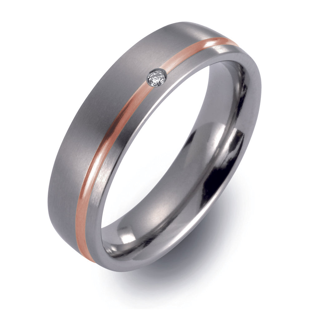 Wedding Ring Titanium, 18k Red Gold Diamond 0.03 ct, w-si