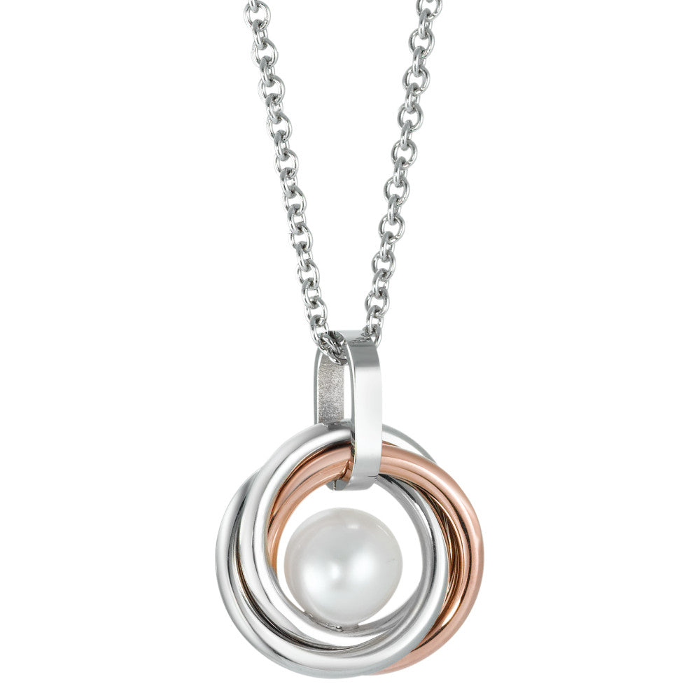 Necklace with pendant Stainless steel Rose IP coated Freshwater pearl 39-45 cm