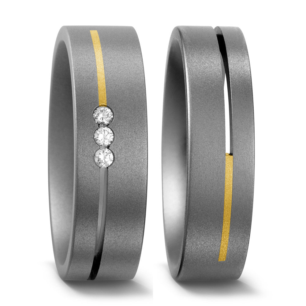 Wedding Ring Titanium, 18k Yellow Gold Diamond 0.06 ct, 3 Stones, w-si