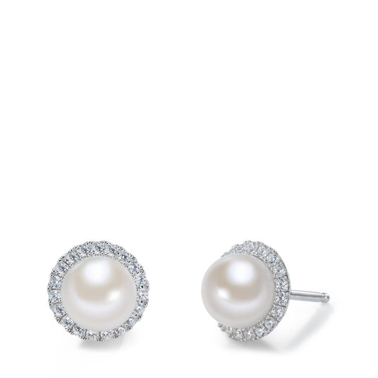 Stud earrings Silver Zirconia White Rhodium plated Freshwater pearl Ø10 mm
