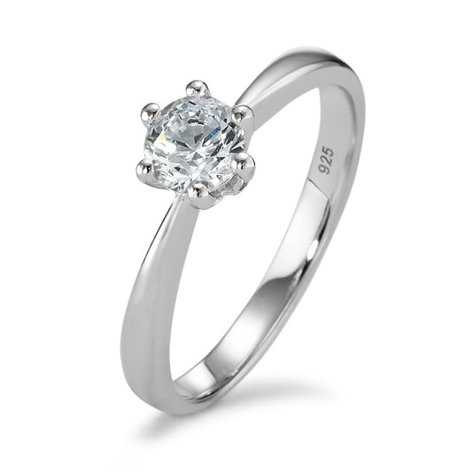 Solitaire ring Silver Zirconia White, round, 6 mm Rhodium plated