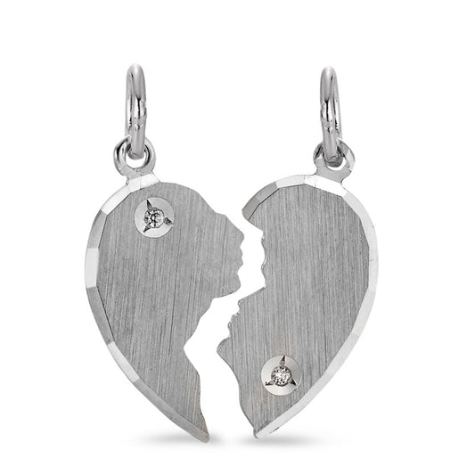 Engravable pendant Silver Zirconia White, 2 Stones Rhodium plated Heart
