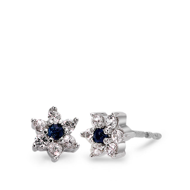 Stud earrings 18k White Gold Sapphire Blue, 14 Stones Flower Ø6 mm