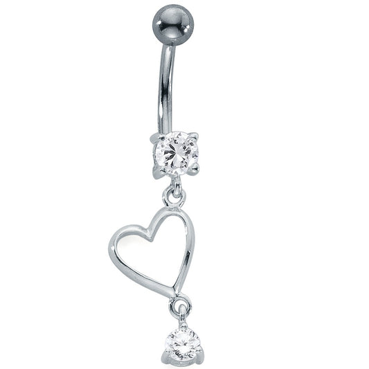 Navel piercing Stainless steel, Silver Zirconia White, 2 Stones Heart