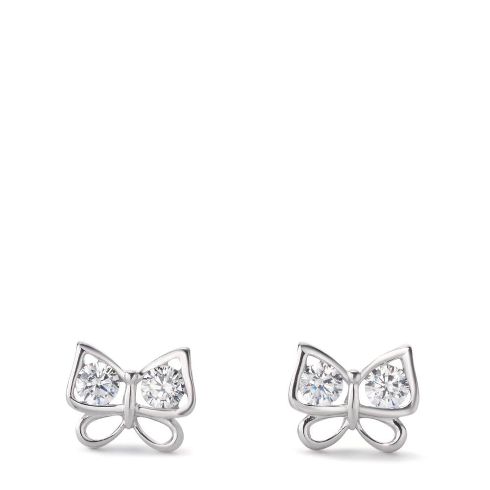 Stud earrings Silver Zirconia White, 4 Stones Rhodium plated Butterfly