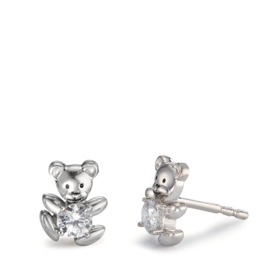 Stud earrings Silver Zirconia White, 2 Stones Rhodium plated Teddy Bear