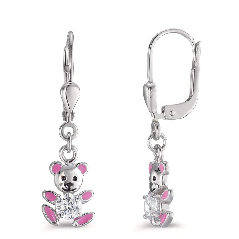 Drop Earrings Silver Zirconia White, 2 Stones Rhodium plated Teddy Bear