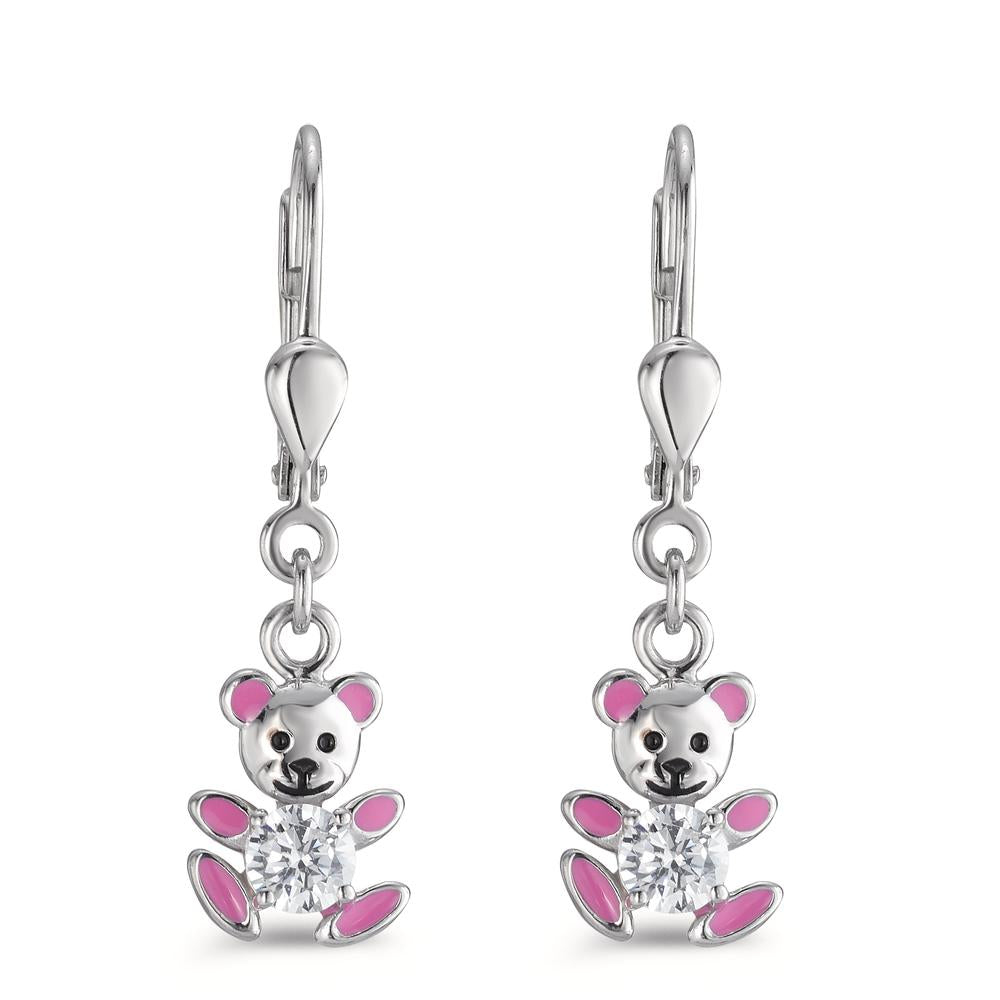 Drop Earrings Silver Zirconia White, 2 Stones Rhodium plated Teddy Bear