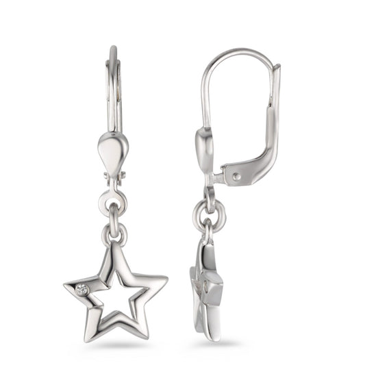 Drop Earrings Silver Zirconia White, 2 Stones Rhodium plated Star