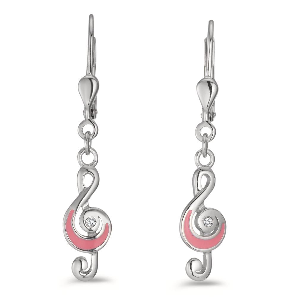 Drop Earrings Silver, Enamel Zirconia White, 2 Stones Rhodium plated Treble Clef