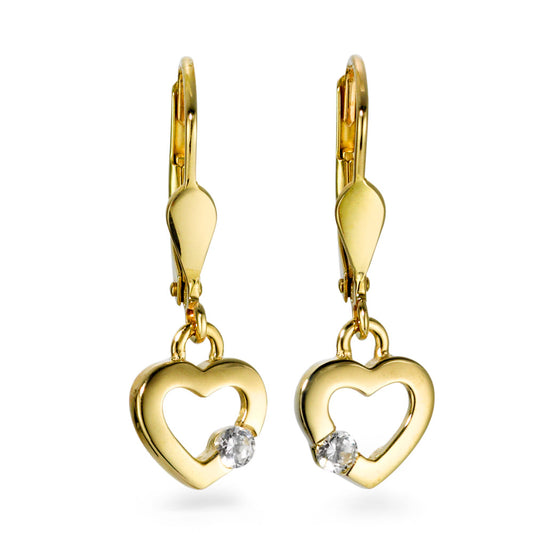 Drop Earrings 9k Yellow Gold Zirconia 2 Stones Heart