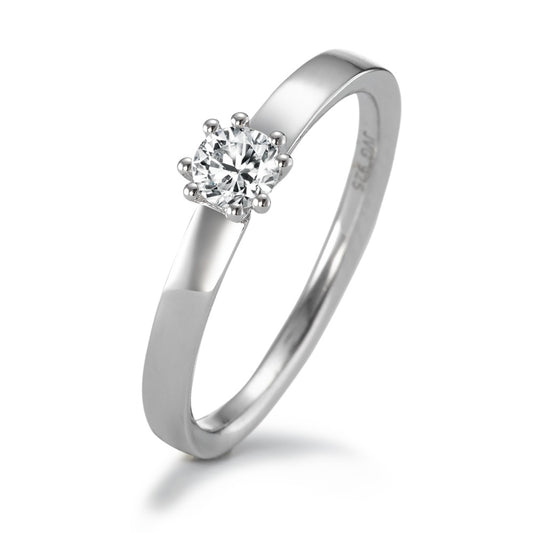 Solitaire ring Silver Zirconia round, 4 mm Rhodium plated