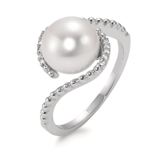 Ring 18k White Gold Diamond White, 0.045 ct, 10 Stones, brilliant, w-si Freshwater pearl