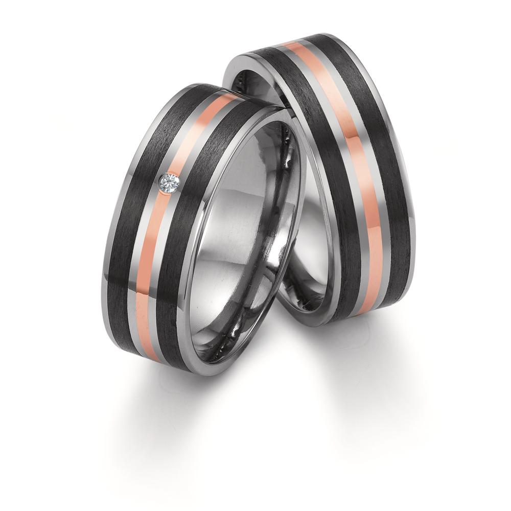 Wedding Ring Titanium, 18k Red Gold, Carbon Diamond 0.02 ct, w-si