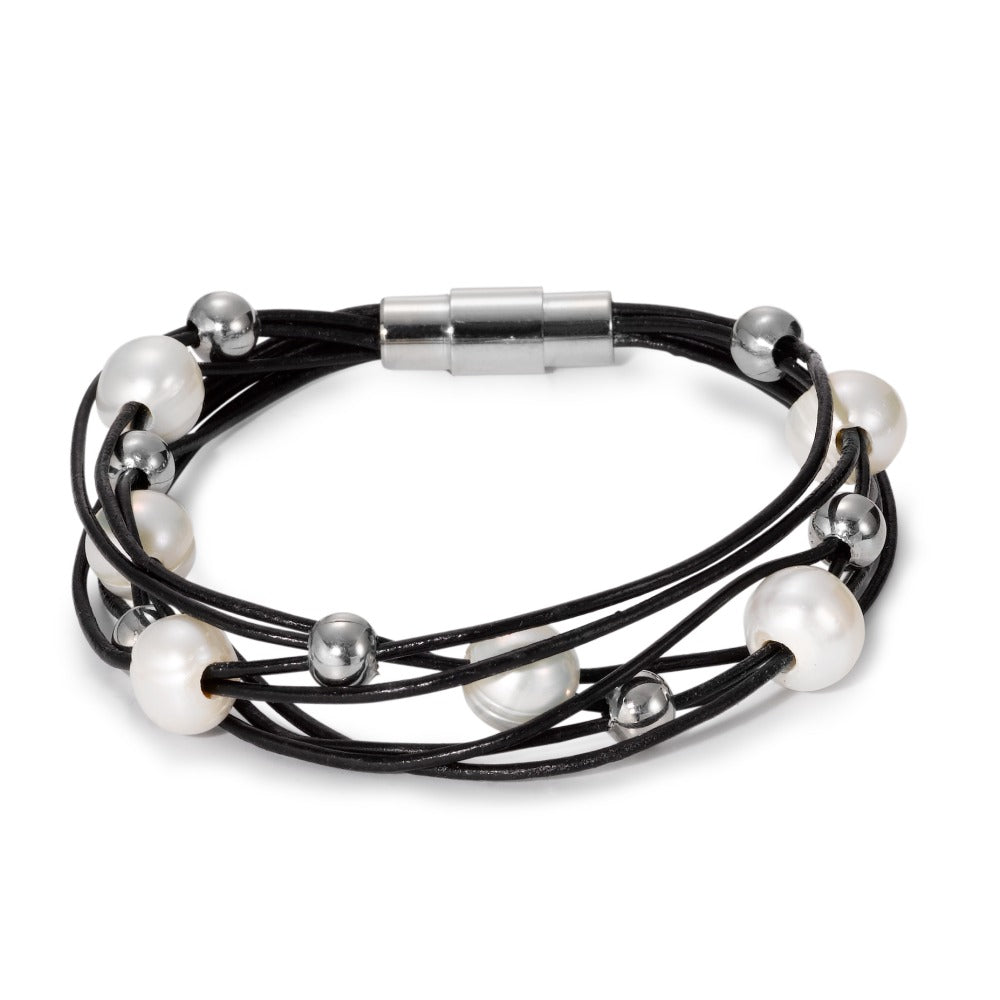 Bracelet Stainless steel, Leather Freshwater pearl 19 cm