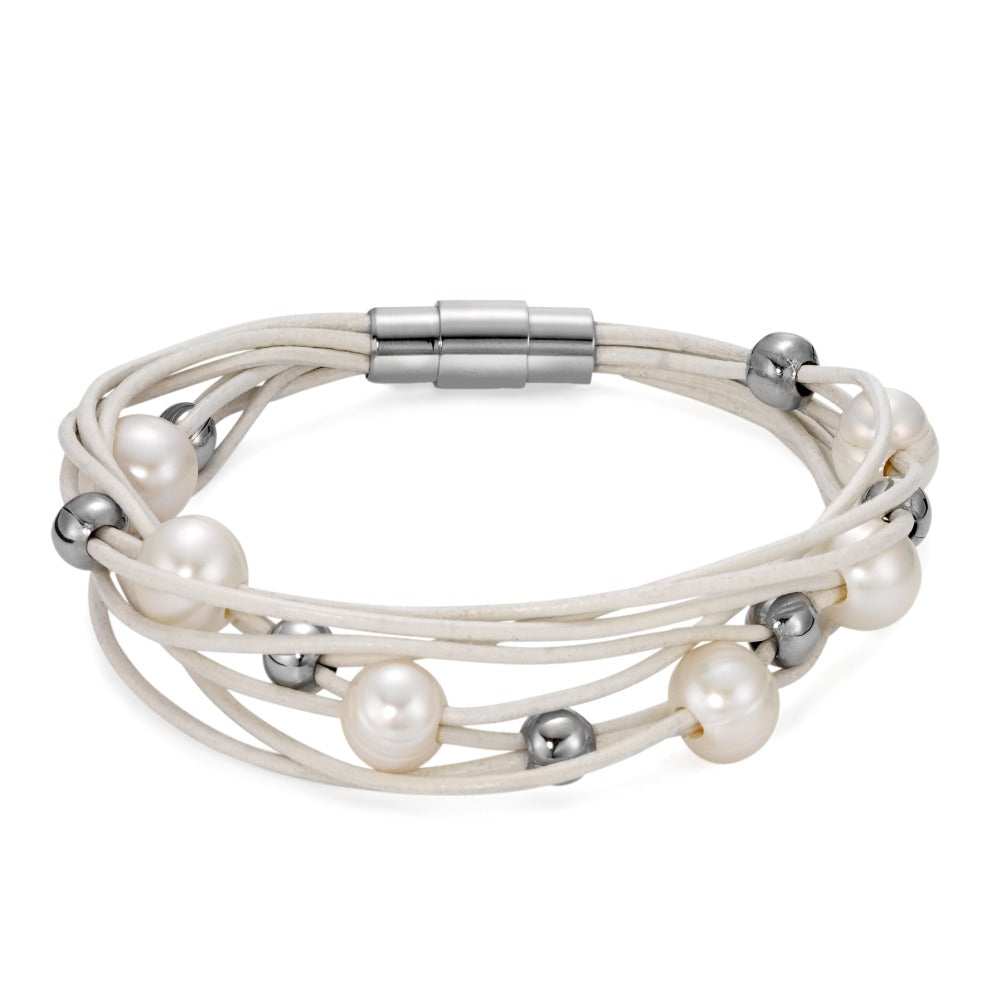 Bracelet Stainless steel, Leather Freshwater pearl 19 cm