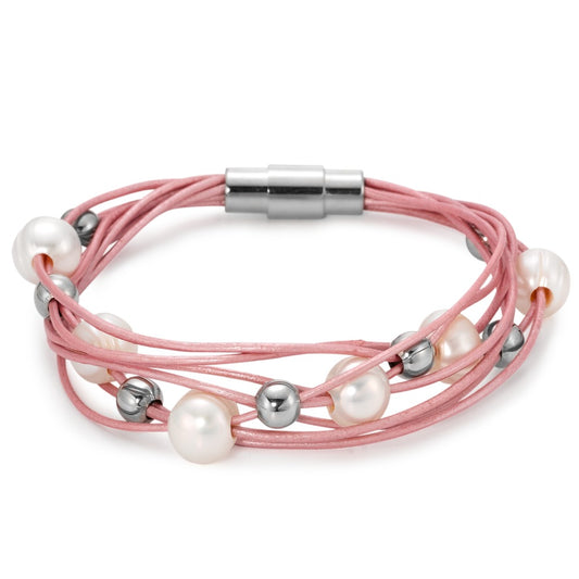 Bracelet Stainless steel, Leather Freshwater pearl 19 cm