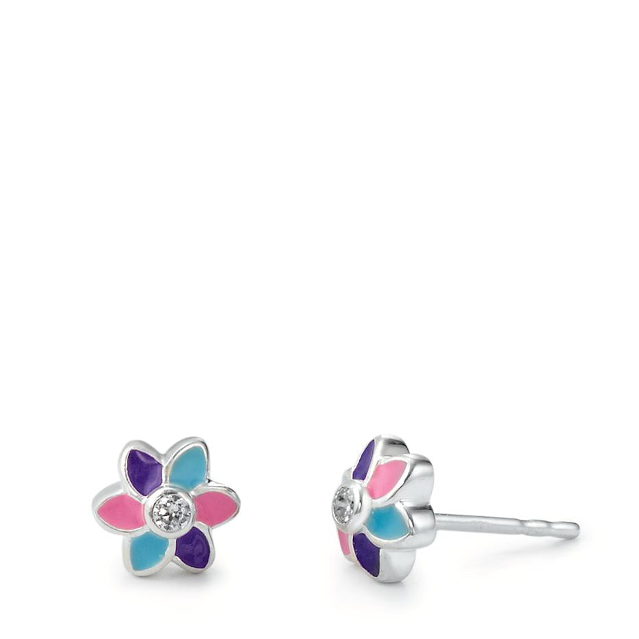 Stud earrings Silver Zirconia 2 Stones Lacquered Flower Ø6 mm