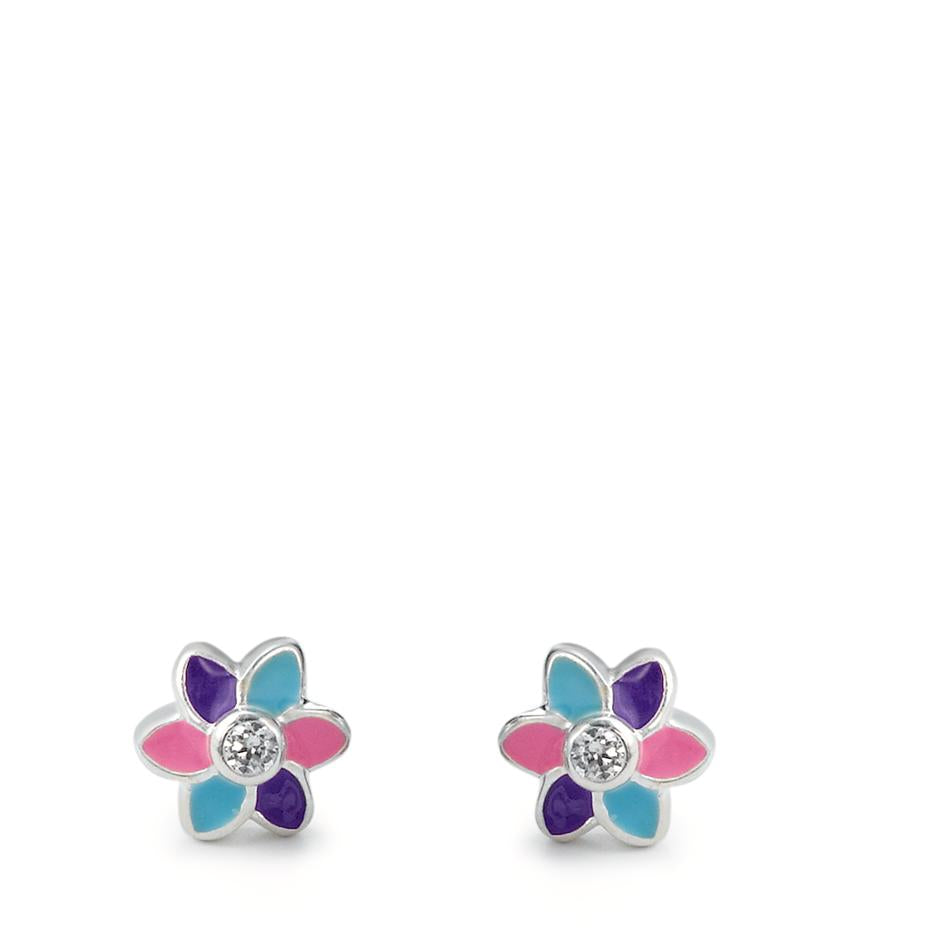 Stud earrings Silver Zirconia 2 Stones Lacquered Flower Ø6 mm