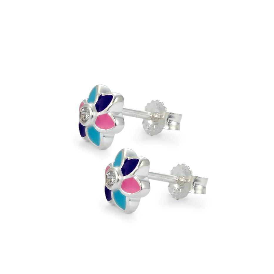 Stud earrings Silver Zirconia 2 Stones Lacquered Flower Ø6 mm