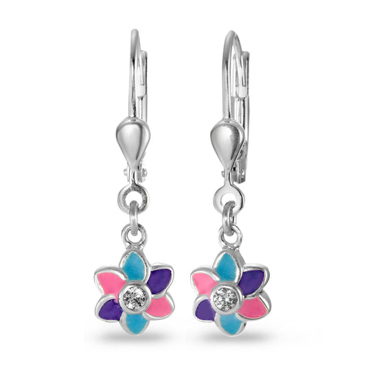 Drop Earrings Silver Zirconia 2 Stones Lacquered Flower