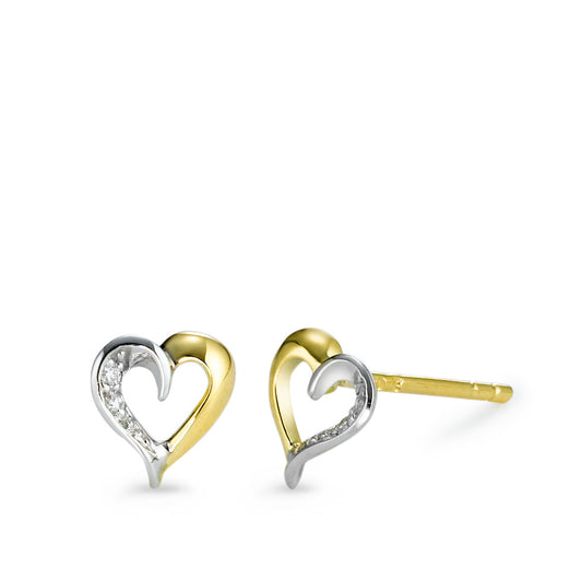 Stud earrings 18k Yellow Gold, 18k White Gold Diamond 0.02 ct, 4 Stones, w-si Heart Ø6.5 mm
