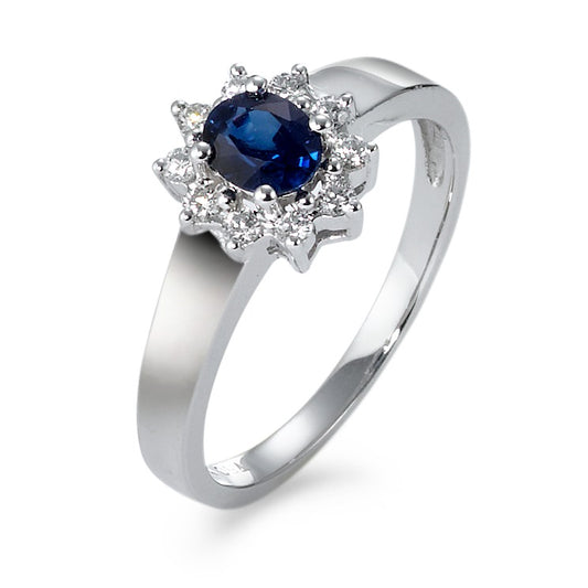 Ring 18k White Gold Sapphire Blue, oval, Diamond White, 0.14 ct, 10 Stones, w-si