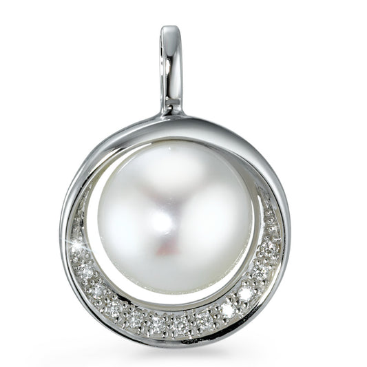 Pendant 18k White Gold Diamond 0.06 ct, 12 Stones, brilliant, w-si Freshwater pearl Ø15 mm