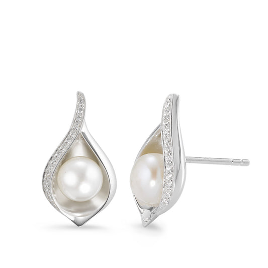 Stud earrings Silver Zirconia 24 Stones Rhodium plated Freshwater pearl