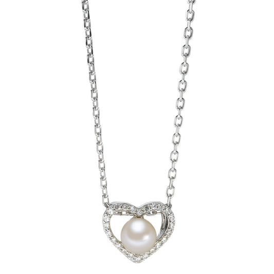 Necklace with pendant Silver Zirconia 25 Stones Rhodium plated Freshwater pearl Heart 40-42 cm Ø10 mm