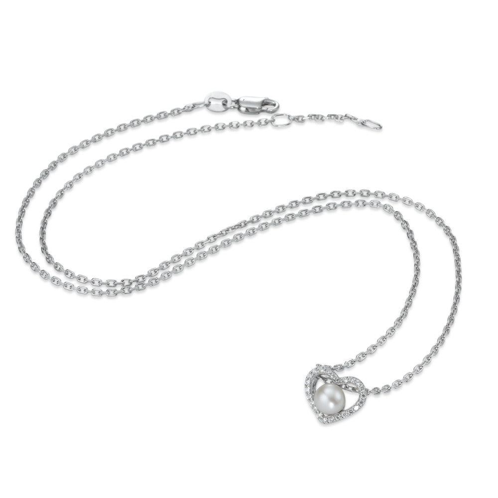 Necklace with pendant Silver Zirconia 25 Stones Rhodium plated Freshwater pearl Heart 40-42 cm Ø10 mm