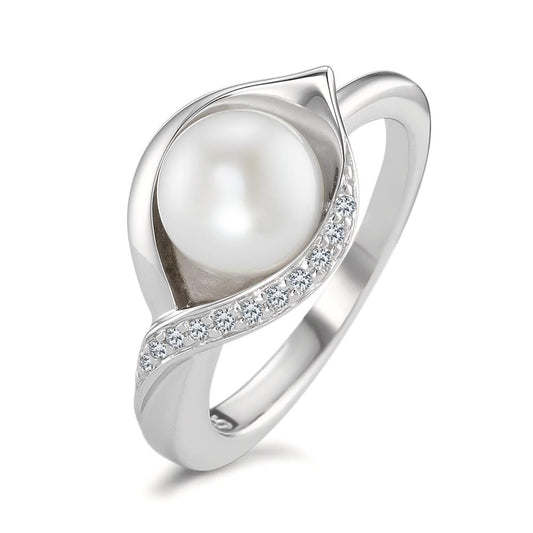 Ring Silver Zirconia 10 Stones Rhodium plated Freshwater pearl