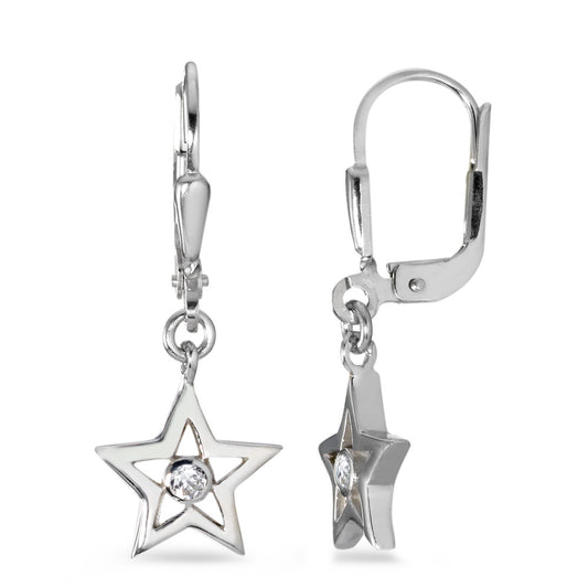 Drop Earrings Silver Zirconia White, 2 Stones Rhodium plated Star Ø14 mm