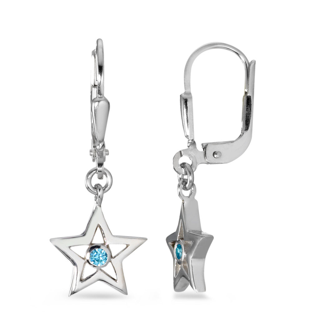 Drop Earrings Silver Zirconia Light Blue, 2 Stones Rhodium plated Star Ø10 mm