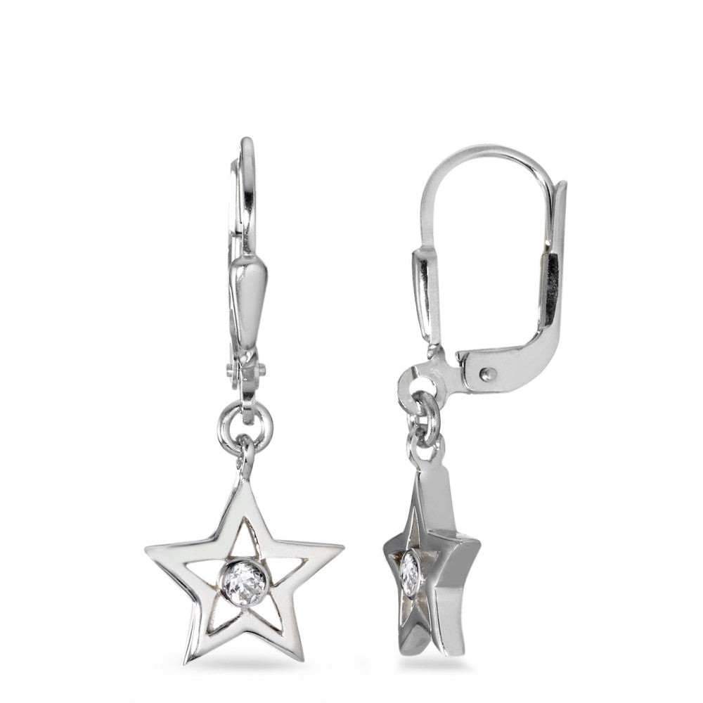 Drop Earrings Silver Zirconia White, 2 Stones Rhodium plated Star Ø7 mm