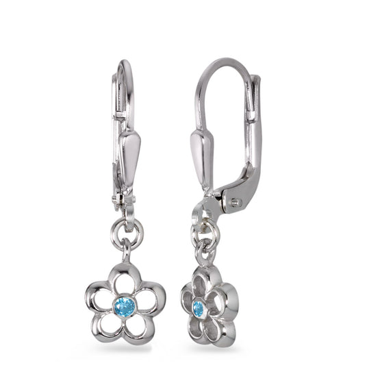 Drop Earrings Silver Zirconia Light Blue, 2 Stones Rhodium plated Flower Ø7 mm